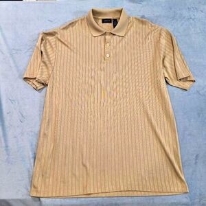 Vintage Claiborne Tan Striped Men XL 3 button Collared Short Sleeve Polo